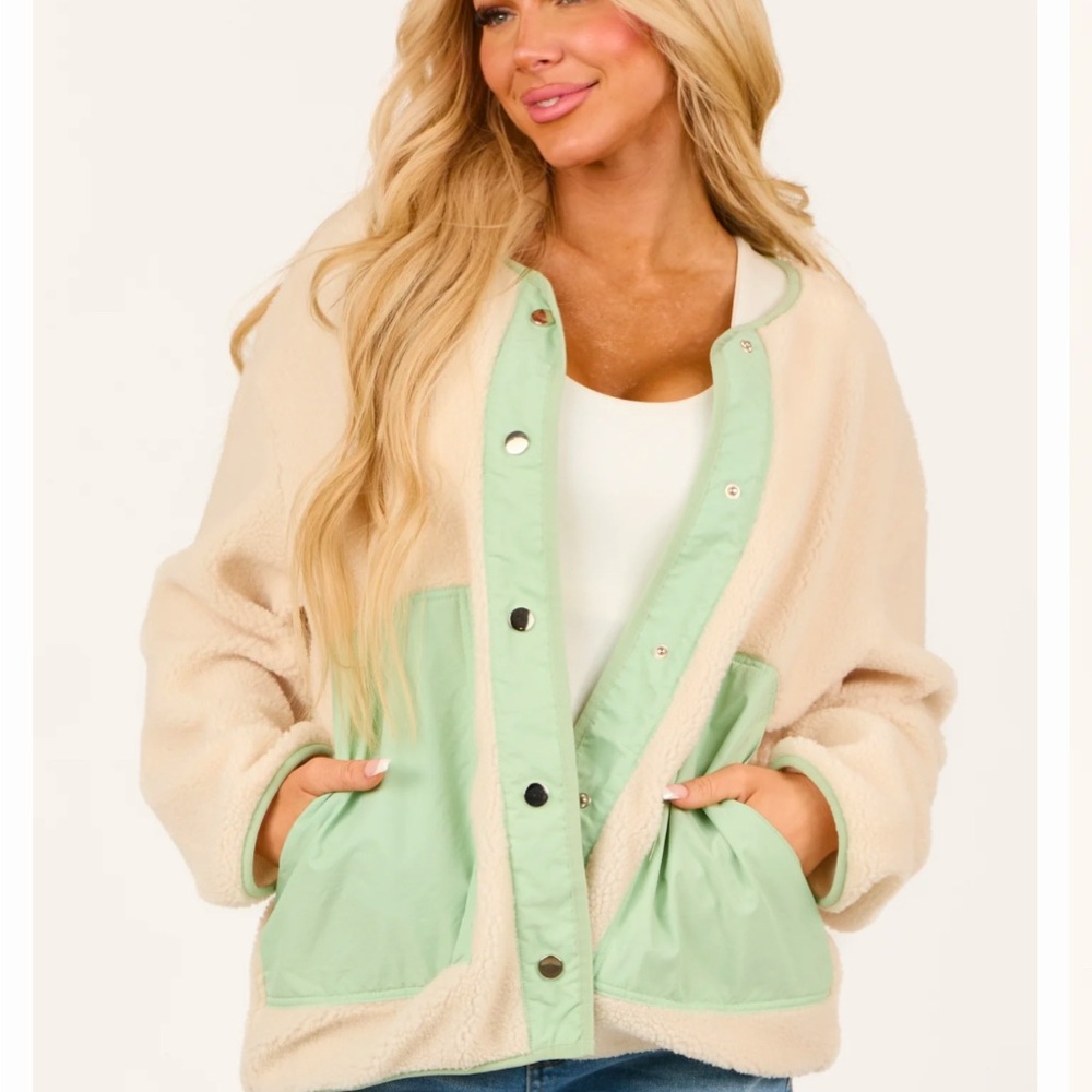 Cream and Green Teddy Jacket with Cozy Plush Texture